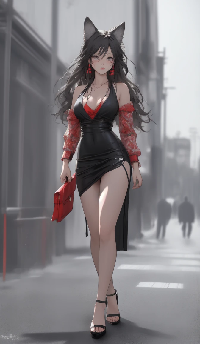 photo realism anime style Yusuke murata art with a big red wolf at his side Goddess phoenix girl chunli + Sakura perky breasts with cropped wavy hair v-cut dress v-cut ripped jeans wearing high heels walking on a dark gloomy street scared style photo realism, fully detailed drawing in black and monochrome bench and only the eyes in strong red