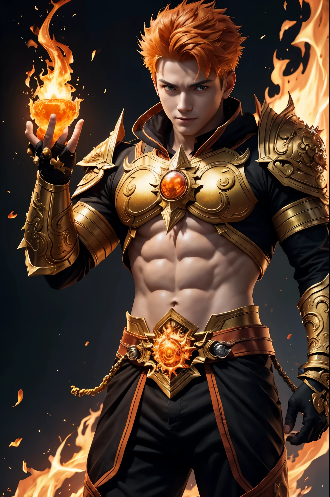 8K,A very young boy, the God of Fire, clothed in the energy of a 16-year-old.,Super handsome(Like the real thing),He looks at the audience with a fearless smile.,Orange Hair,Orange Flame Armor(Fire God Crest),Orange Flame Gauntlet(Fire God Crest),Orange Flame Leg Guards(Fire God Crest),Dark and desolate land,Photorealistic RAW photos of the highest quality。Bright colors,Rich colors, Backlight, Cinema Lighting, Film Grain, 50mm lens, Nikon D850,Realistic Skin,Fantasy art,Character Art,Ultra-high resolution,Realistic Skin,Extremely strong and defined abs,bulging muscles,A 16-year-old boy who is the god of fire,Golden Eyes,Black Flame God Outfit(Orange flame emblem filigree),