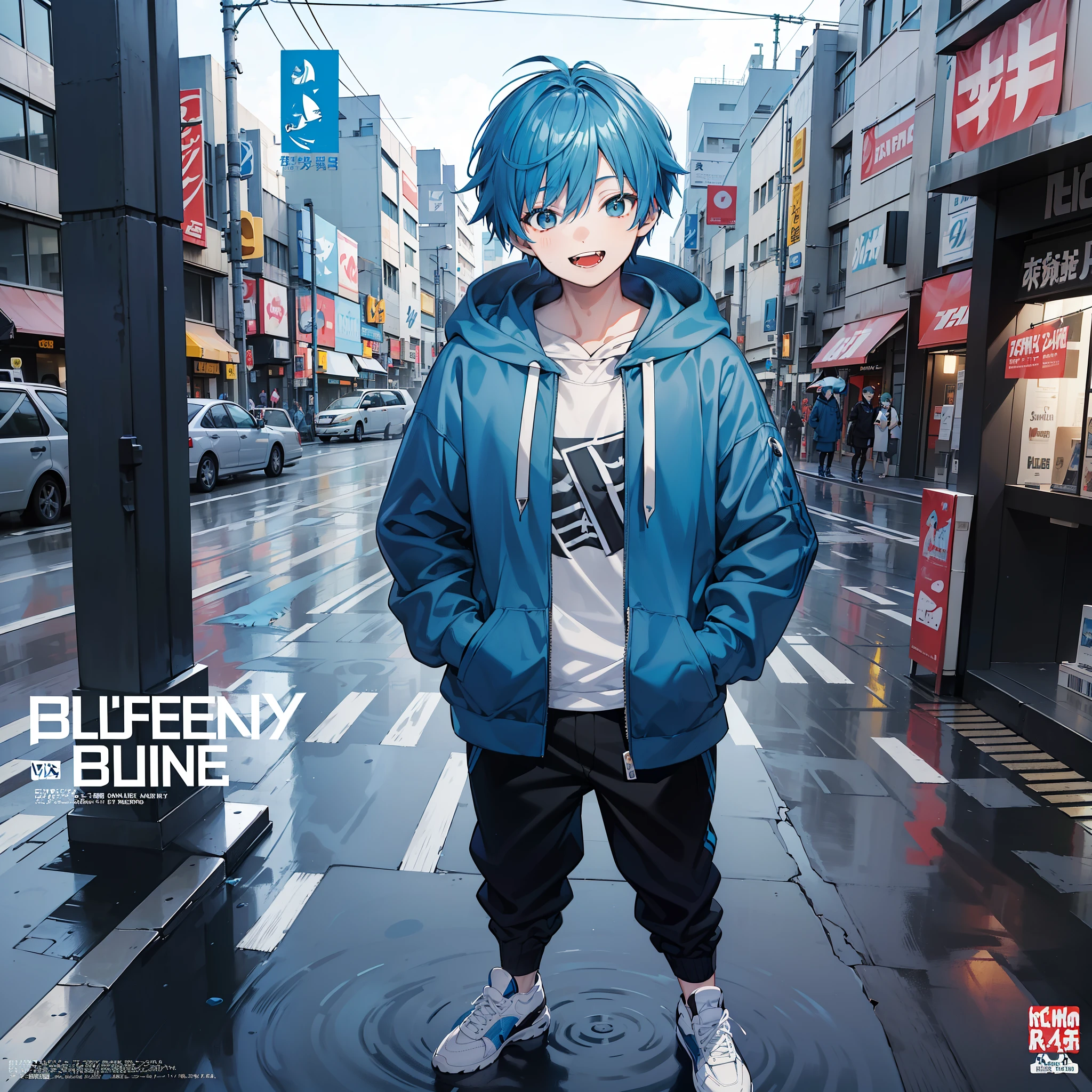 masterpiece, best quality, full body, (1boy), (Wearing a blue shark tail hoodie), (boy smiling shark teeth), (Boy Messy Japanese Round Haircut for Thick Hair), (blue nails), (blue hair), black shorts, ((solo)), (magazine:1.3), (cover-style:1.3),