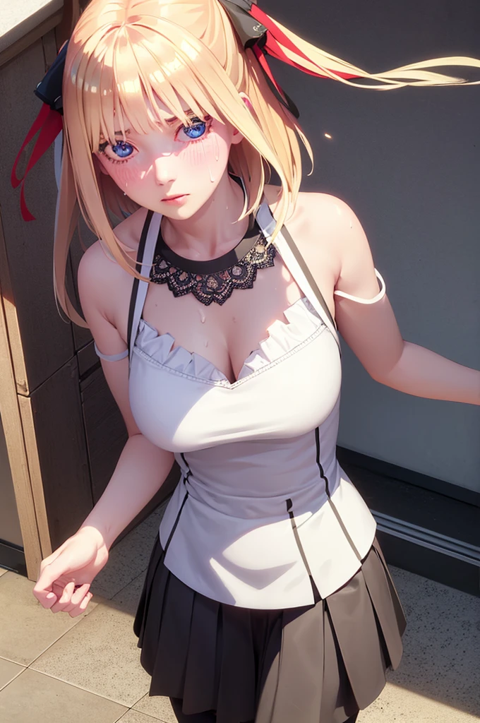 One girl,masterpiece,Highest quality,Blonde,stockings,Checked skirt),Short skirt JK,,Are standing,In total length,Medium chest,Very detailed,[[Realistic]],Beautiful and attractive anime teen,Enchanting anime girl,Swinging skirt,blue eyes, hair ornaments, Hair Ribbon,Show your forehead、Twin tails、Random color school girl uniform、Lace choker, short hair,,No bra,,Very detailed肌, Very detailed顔, (Beautiful Fine Eyes, the girl, Red cheeks) ,The girl has a toned figure., Intricate details,Closely、Embarrassed expression、blush、Shining Sweat、Perfect Skin,Sweat is noticeable in the cleavage、、Sweating on thighs is noticeable、 Fair skin,Tight waist, Sweating profusely、Sweaty hair、Sweaty clothes、Sweaty、Visible sweat、Sweat-soaked hair、Athlete System、Cherry blossoms fluttering down、Silver Hair、Night cityscape。Reflection of light、moonlight