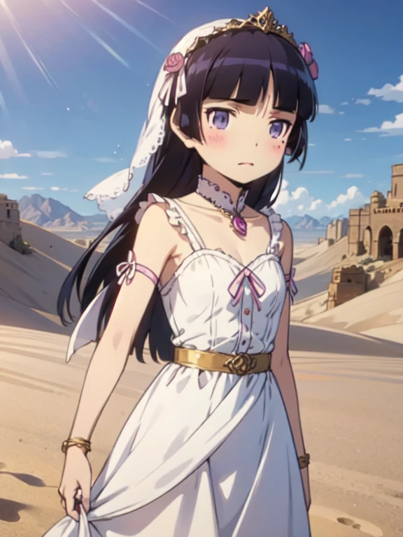 (masterpiece, Highest quality:1.1), (Desert Princess), (ruri gokou), blush, Black Hair, Mole, Mole under eye,1 Girl, alone, Gold embroidery, satin, Veil, gem, tiara, Arabian Style, Desert Landscape, carpet, Hair blowing in the wind, Shining, Sunset, oasis, silk, Sparkling Eyes, Sand Dunes