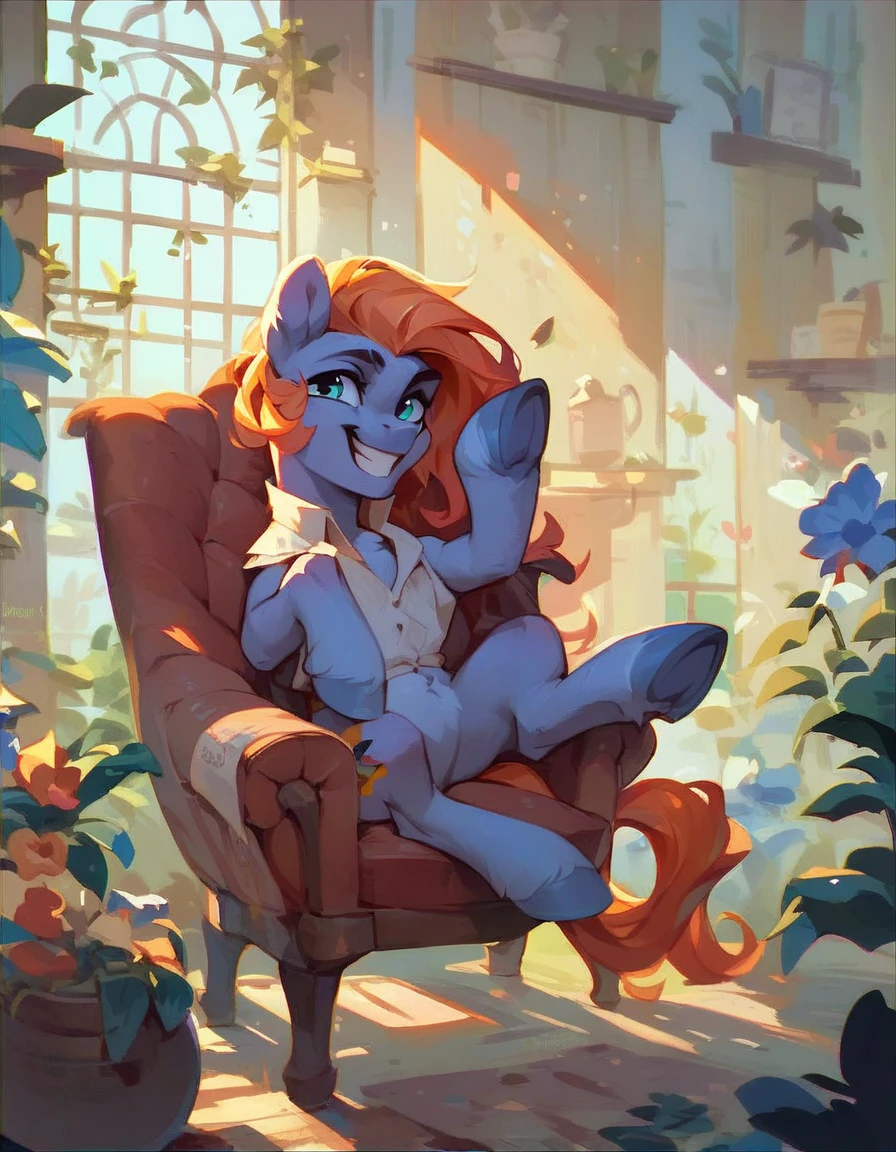 pony strict stallion sitting in a chair straight smile hoof thrown over the hoof