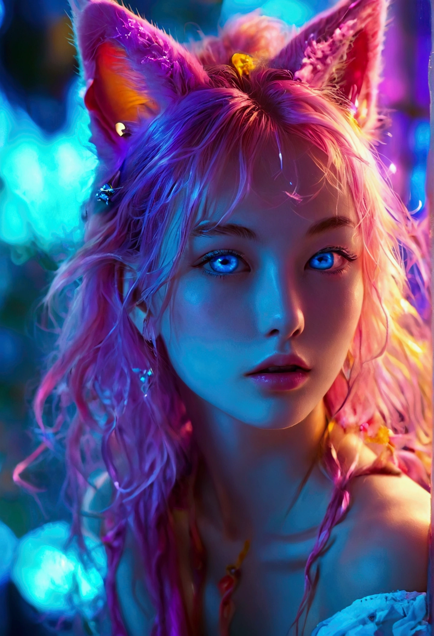 {{masterpiece}},{{Highest quality}},nsfw,Nude,naked, woman,Nude,fullbody,show off pussy,spread legs,Raise your arms to reveal realistic armpits,Awareness-raising,1 perfect portrait of a girl, A fascinating eye for perfect detail), Colorful Hair, (pink soft hair:1.6), (Cat ear:1.3),Slim and tall body type, Fantasy purple background, {Exposed bare shoulders},{Long-term alienation_sleeve}, {Lean forward slightly}, If you look up,hair ornaments,{shy},Please keep your mouth shut, Tilt your head,{Small breasts} ,Cinema Lighting,Larger clothes, ((Seductive pose)), Bright Blue Eyes, spread legs,japanese