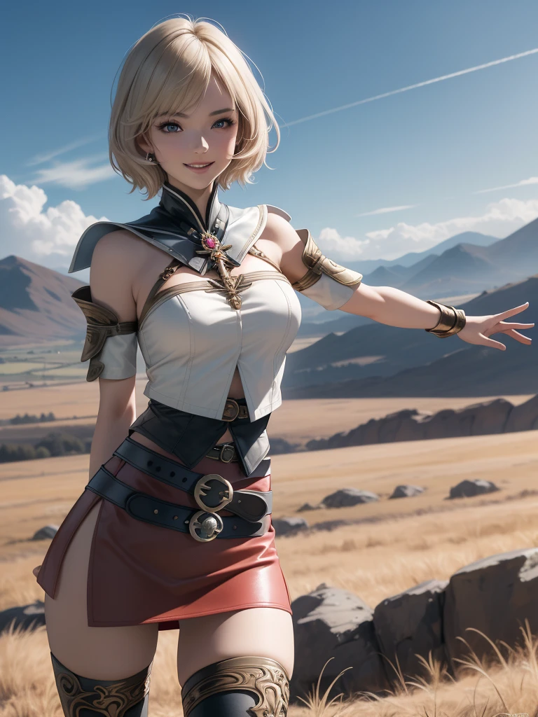 masterpiece, best quality, absurdres, perfect anatomy, 1girl, solo, Ashelia, short hair, AsheliaOutfit, miniskirt, thighhighs, jewelry, belt, standing, cowboy shot, smile, dynamic pose, dynamic angle, outdoors, plains, hills, (sitting, spreading legs by hands), spread crotch