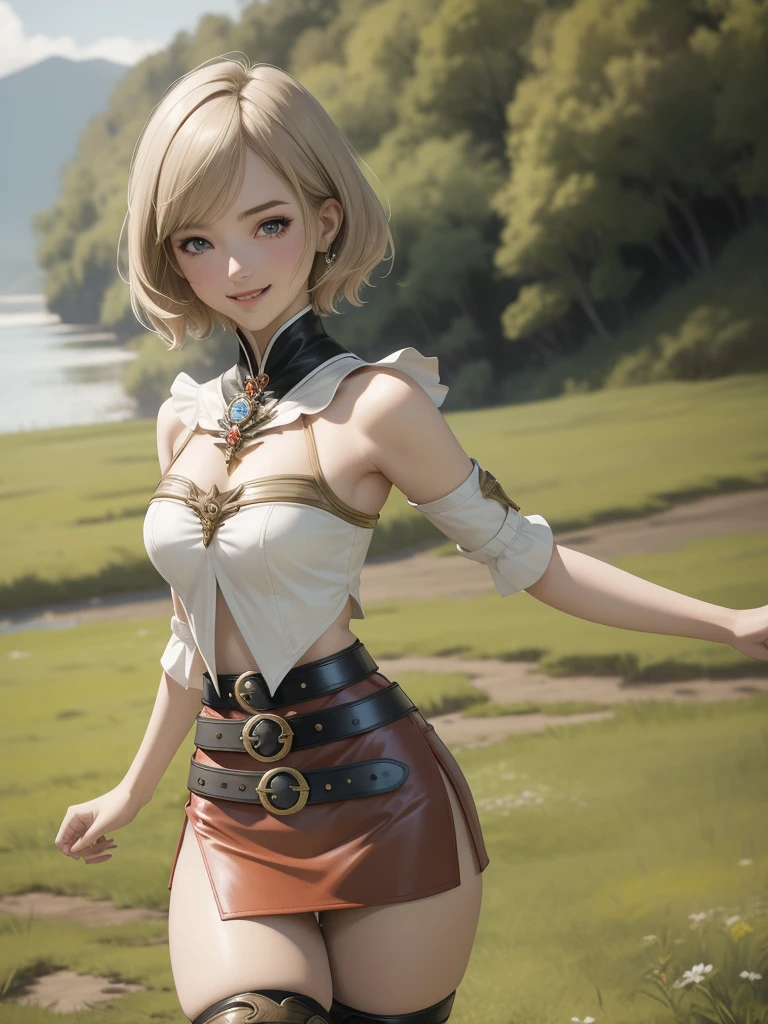 masterpiece, best quality, absurdres, perfect anatomy, 1girl, solo, Ashelia, short hair, AsheliaOutfit, miniskirt, thighhighs, jewelry, belt, standing, cowboy shot, smile, dynamic pose, dynamic angle, outdoors, plains, hills, (fashion model pose)