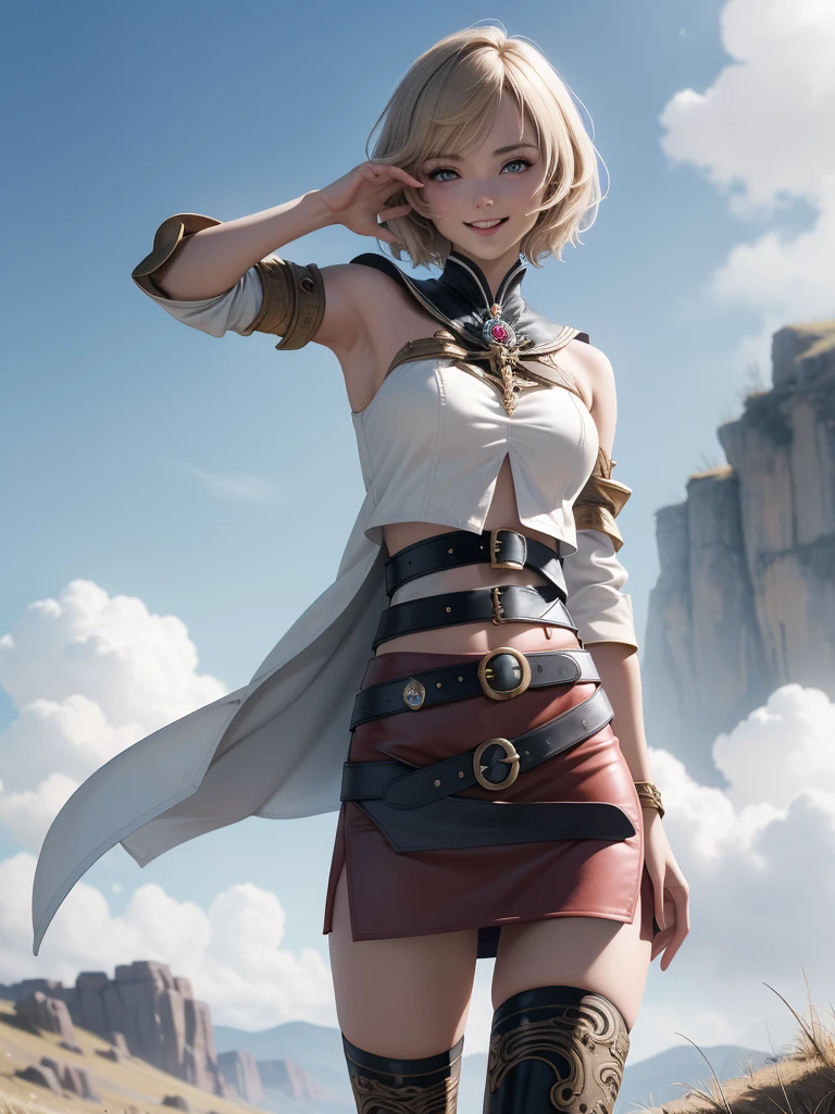 masterpiece, best quality, absurdres, perfect anatomy, 1girl, solo, Ashelia, short hair, AsheliaOutfit, miniskirt, thighhighs, jewelry, belt, standing, cowboy shot, smile, dynamic pose, dynamic angle, outdoors, plains, hills, (fashion model pose)