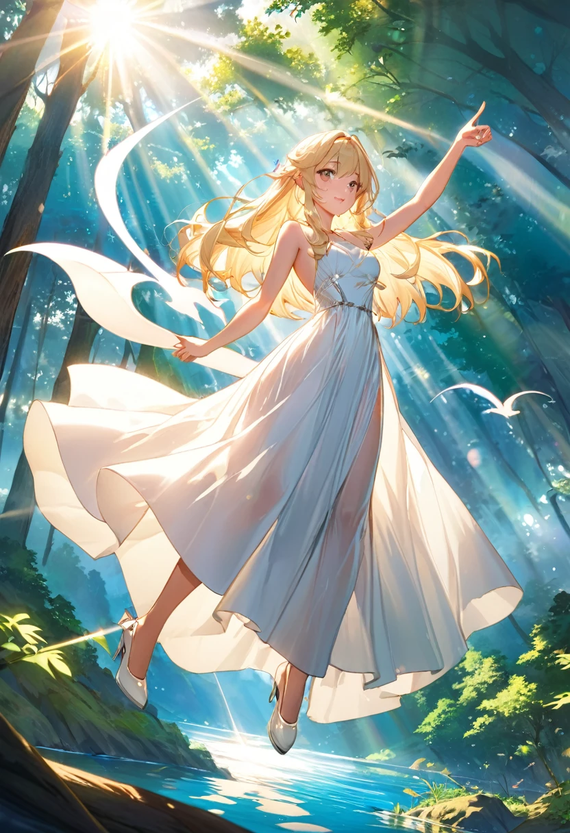 Blonde beauty in a sexy white long dress rides a flying dragon。One hand raised and pointing。Deep forest and lake below。blue sky。Sun rays flare。
