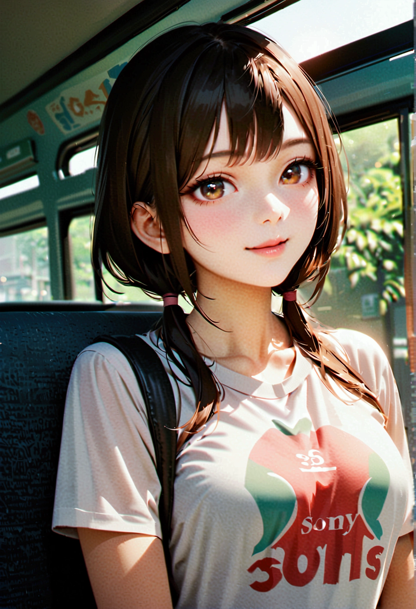Korean female star photos, Uneven twin ponytails, Light makeup, Medium breast size, Smile, Colored T-shirts, on the bus, Clear facial features,Realistic details, Sony FE, 35 mm, light, High Detail, UHD, high quality, HD, 8K, 16K