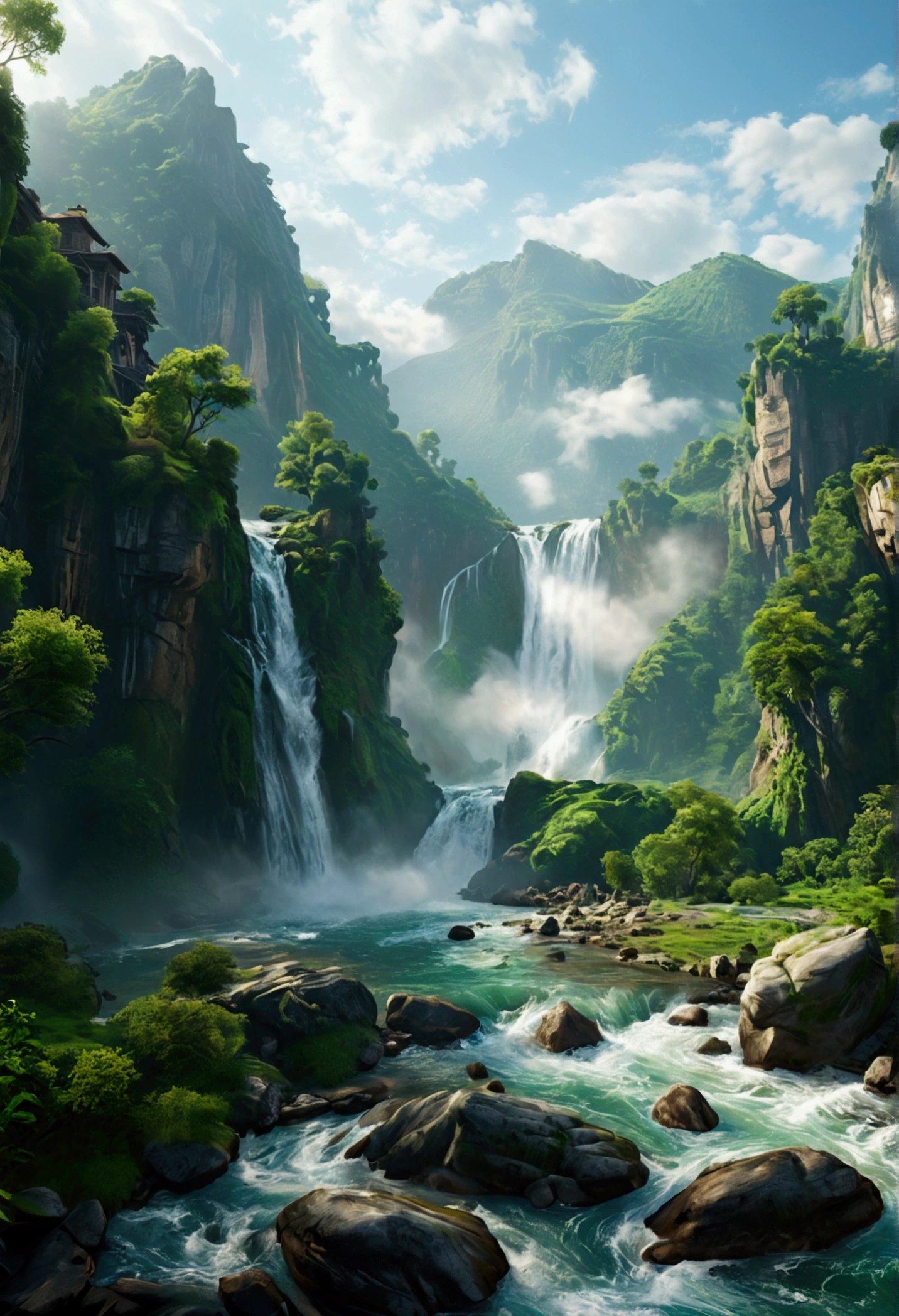 Masterpiece, ultimate quality, Cg unity 8k wallpaper, super delicate, beautiful sky and clouds, rich natural scenery, cliffs, lakes and rivers, waterfalls and flying water, beautiful green mountains, no trace of people, excellent scenery, has already won a photo contest, background Blurring, full depth of field, HDR high dynamics, true restoration, intricate, extreme details, dramatic presentation, perfectly presenting the style of midjourney art.