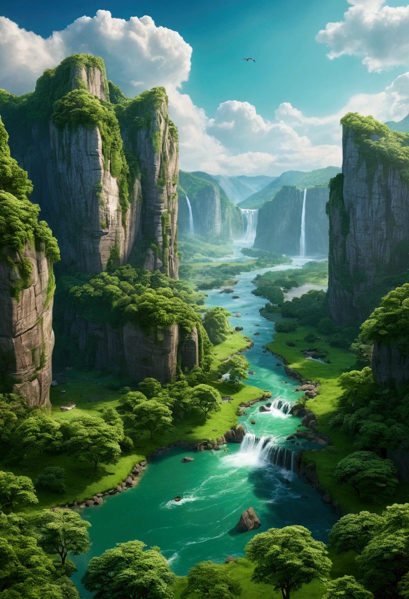 Masterpiece, ultimate quality, Cg unity 8k wallpaper, super delicate, beautiful sky and clouds, rich natural scenery, cliffs, lakes and rivers, waterfalls and flying water, beautiful green mountains, no trace of people, excellent scenery, has already won a photo contest, background Blurring, full depth of field, HDR high dynamics, true restoration, intricate, extreme details, dramatic presentation, perfectly presenting the style of midjourney art.
