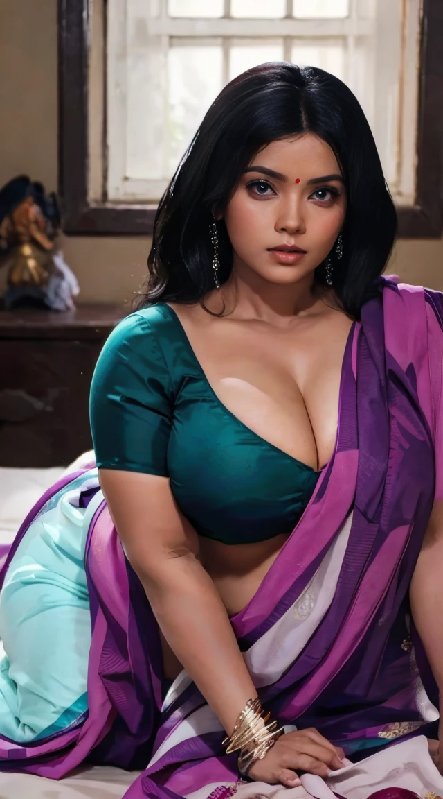 1girl, sexy, 45 years old bengali boudi woman, (mature woman:1.3), middle aged bhabhi, lying down on bed, (freckles:0.2), lying on bed, bedroom, detailed background, indoor, hires, (photorealistic:1.4), wide shot, full body photo, beautiful fluffy saree, thick curvy aunty, highly detailed, hyper realistic, traditional colourful saree, wind blowing, big chest, dusky skin, most beautiful woman, beautiful body, beautiful eyes nose lips, superb lighting, shot from above, shot from some distance, wide angle view