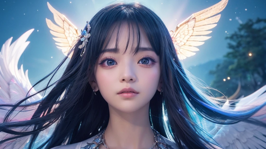 1920×1080、Photogenic reality、heaven、Wrapped in the dazzling light of the sky、眩Shiiほどの黄金色の光が降り注ぐ、god々Shii、Fantasy、Spreading its large wings、cute、Beauty、Adult female、Big Eyes、一人の美Shii天使の画像を作ってください