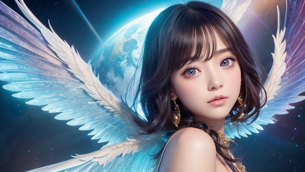 1920×1080、Photogenic reality、heaven、Wrapped in the dazzling light of the sky、眩Shiiほどの黄金色の光が降り注ぐ、god々Shii、Fantasy、Spreading its large wings、cute、Beauty、Adult female、Big Eyes、一人の美Shii天使の画像を作ってください