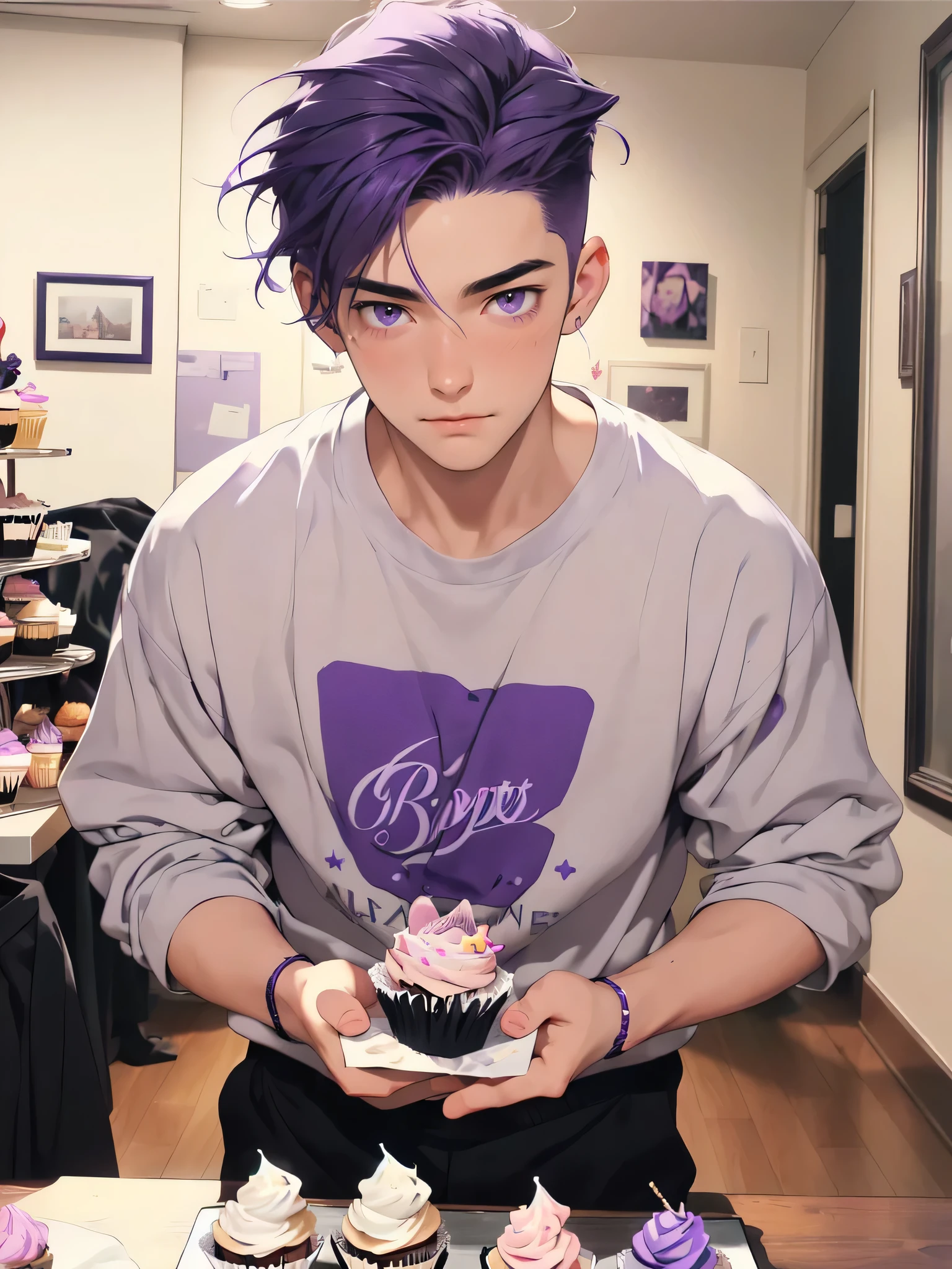 ((Artwork, high quality)), (1 teenage boy, 20 years old), (purple hair), (dark purple eyes), (offering a cupcake to the viewer), (clothes all messy with cupcake), (subtle blush on his face), (at a private, romantic party).
