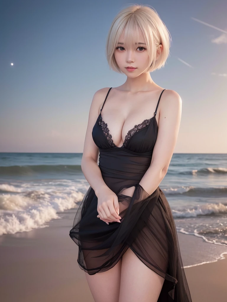 ((Large Breasts))、Fair skin、Great light、Beautiful lighting、((Platinum Blonde Hair:1.2))、((short hair:1.4))、((Straight hair))、Blunt bangs、best quality, masterpiece, (photorealistic:1.4), 1girl, smiling eyes, (ulzzang-6500-v1.1:1.0), Beautiful Woman, Actress, Dressed in an elegant, black lace beach dress, her pose is alluring and enigmatic, the starlit sky and gentle waves creating a backdrop of tranquil beauty.