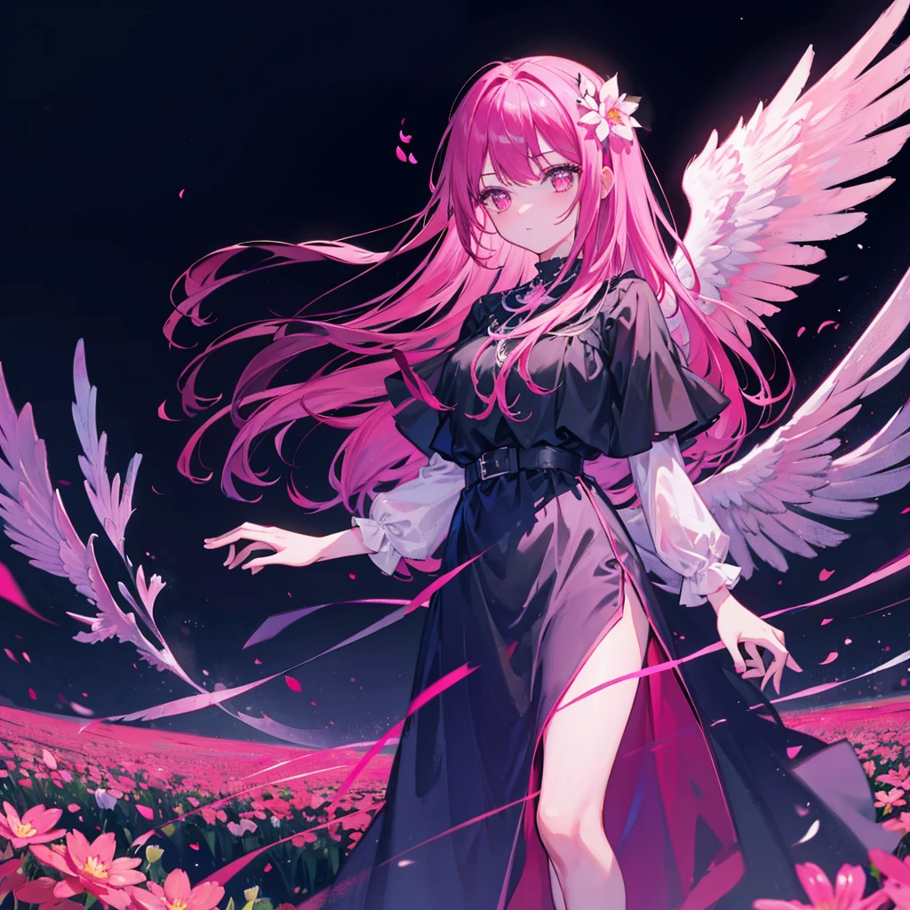 ((((Standing in a flower field)))) (((Long Hair Pink Eyes Pink Hair Black Dress Archangel))) ((night Western style Shining Aura Face is close Standing in a flower field Close-up)) Holding a crystal、Hold it up to the sky Broken glass Big ribbon moon star Catch the wind Shining Edges smile On the water horizontal line star座 Planetarium