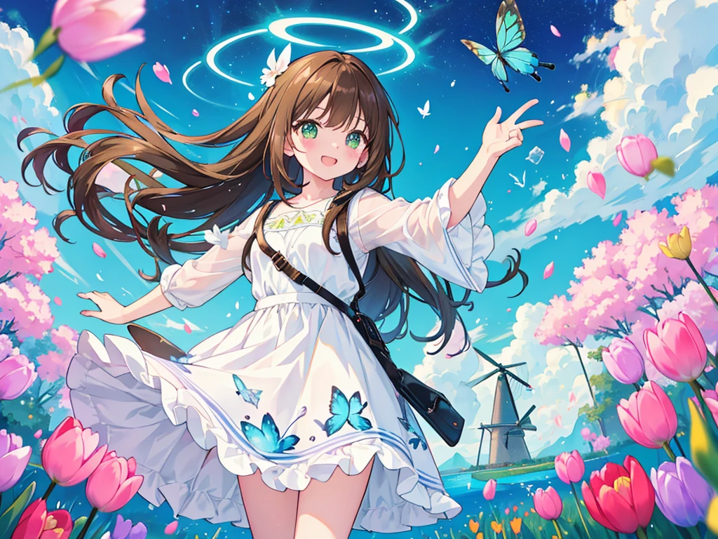 kawaii, anime, Cute, hyper quality, highly detailed, 16k, Front facing, Clarity, smile, girl, dark brown long hair, green eyes, highlight on eyes, Netherlands, windmill, tulip field, breeze, petals dance, white dress, feather backpack, brown bird flies, blue sky, open your mouth and laugh, the skirt flaps, Uplifting, light effects, Brightly colored effects, butterflies dance, wet tulips, Inciting point of view, aurora effect, Powder of light dances, clear blue sky, tulips waving in the wind, Shining eyes, finger heart, tulip, water flows, 	
