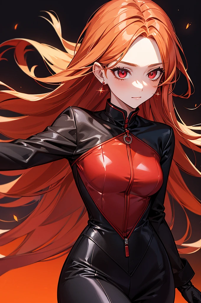 1girl, fire sparkle background upper up body, masterpiece, high quality, red ombre orange hair, long hair, tall girl, black outfit, cheerful, red eyes, black gloves, adult, earrings, latexs suit, reaching out hand