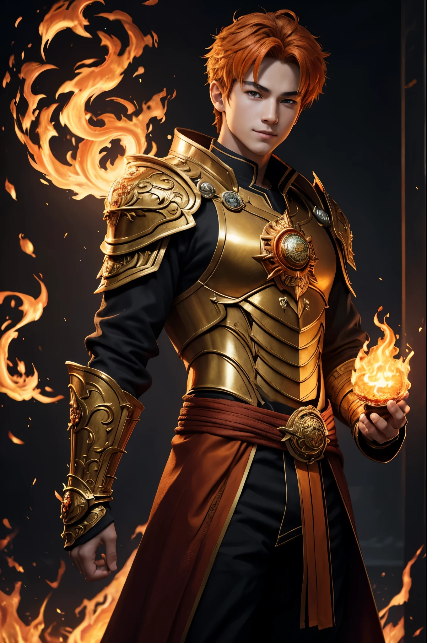 8K,A very young boy, the God of Fire, clothed in the energy of a 16-year-old.,Super handsome(Like the real thing),He looks at the audience with a fearless smile.,Orange Hair,Orange Flame Armor(Fire God Crest),Orange Flame Gauntlet(Fire God Crest),Orange Flame Leg Guards(Fire God Crest),Dark and desolate land,Photorealistic RAW photos of the highest quality。Bright colors,Rich colors, Backlight, Cinema Lighting, Film Grain, 50mm lens, Nikon D850,Realistic Skin,Fantasy art,Character Art,Ultra-high resolution,Realistic Skin,Extremely strong and defined abs,bulging muscles,A 16-year-old boy who is the god of fire,Golden Eyes,Black Flame God Outfit(Orange flame emblem filigree),