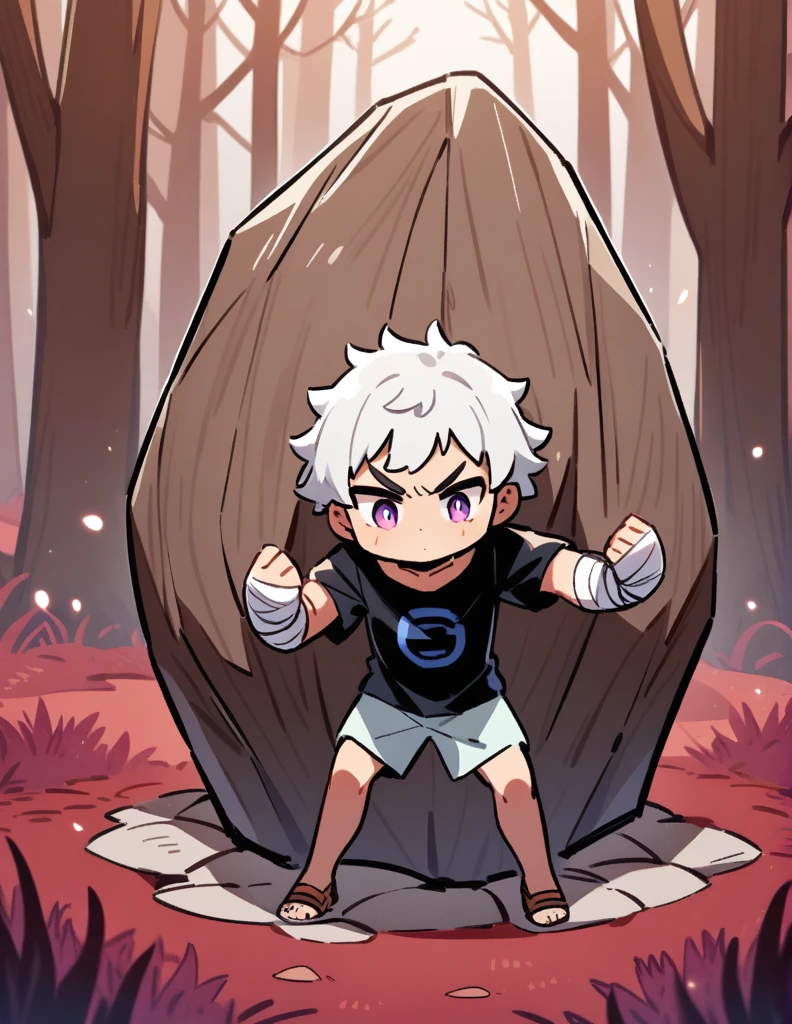 small Greek boy with white hair, violet eyes, wearing an all-black Greek shirt, with his arms covered in bandages, trying hard to push
a large stone, with a red forest of dry trees in the background