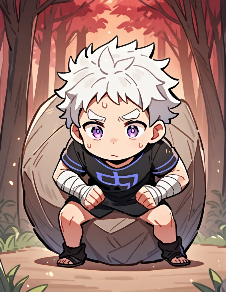 small Greek boy with white hair, violet eyes, wearing an all-black Greek shirt, with his arms covered in bandages, trying hard to push
a large stone, with a red forest of dry trees in the background