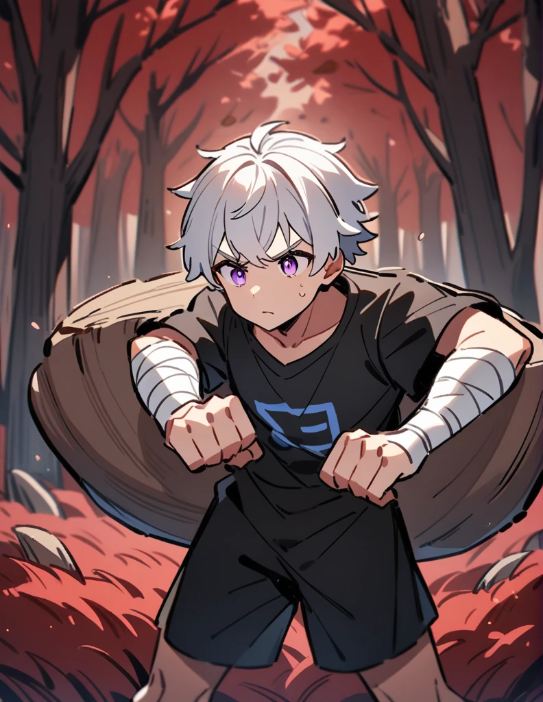 small Greek boy with white hair, violet eyes, wearing a black shirt, with his arms covered in bandages, straining to carry a large rock with his hands covered in bandages, with a red forest of dry trees in the background