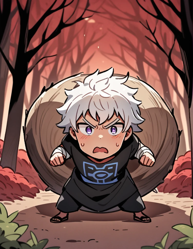small Greek boy with white hair, violet eyes, wearing an all-black Greek shirt, with his arms covered in bandages, trying hard to push
a large stone, with a red forest of dry trees in the background