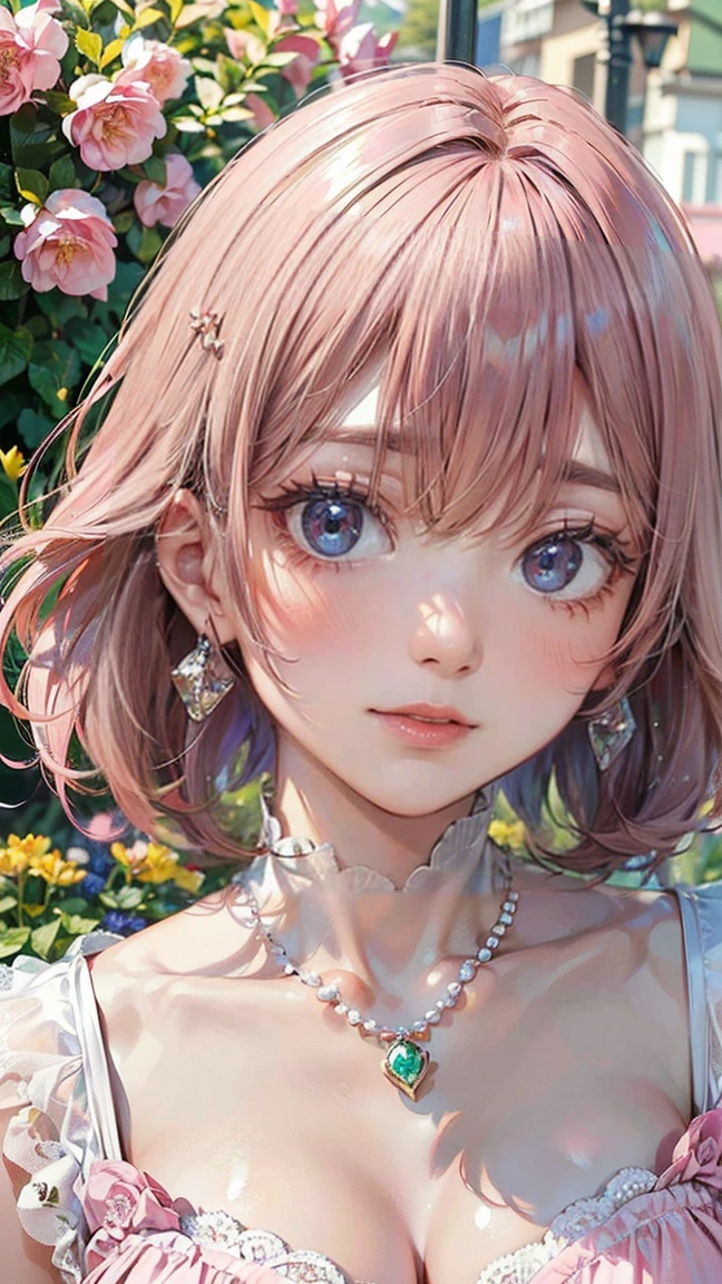 (Masterpiece, BestQuality:1.3), (ultra detailed:1.2), (hyperrealistic:1.3), (RAW photo:1.2), High detail RAW color photo, professional photograph, (Photorealistic:1.4), (realistic:1.4), (Pink Hair:1.5), professional lighting, perfect anatomy, (Big Breasts:1.2), (blush, detailed face), (cheerful Smile:1.5), Trending Hair&Trending Hairカラーをランダムに, earrings, necklace, bracelet, sexly, erotic sexly, Random sexy gravure poses, (In the flower field、A woman wearing a white lace dress smiles surrounded by flowers。The background is a flower field in full bloom、The accessory is a pearl ring.。:1.3)