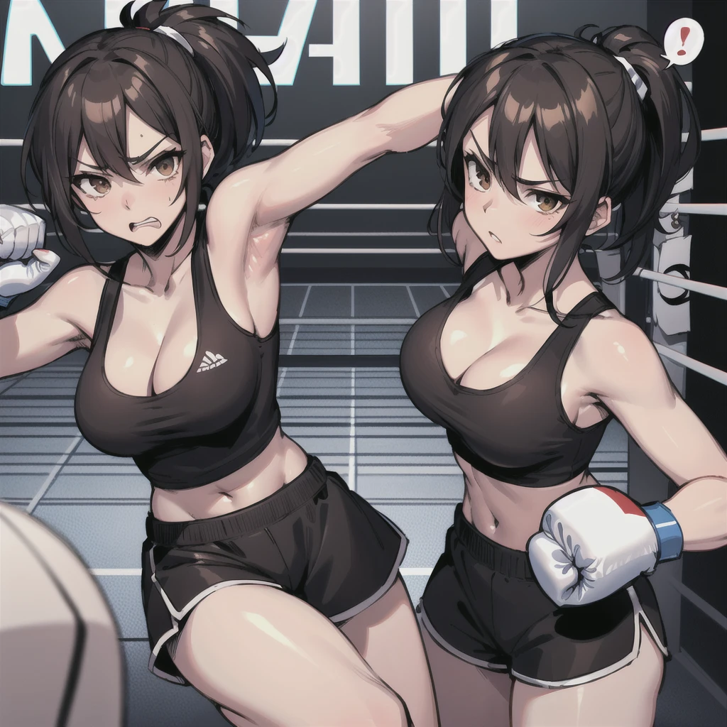 masterpiece, best quality, 1 girl,  short medium black hair in ponytail, brown eyes, black tank top, large breasts, cleavage, black striped shorts, (Text Bubble), comic about boxing match, looking straight ahead, fighting pov, looking at camera, fight, punched in stomach, hurt, pouty face, boxing ring, Border, (profiles:0.3), 4 panels,  POV, fighting pov