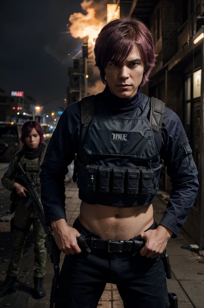 "Damon Salvatore stands in the center holding an ault rifle, Damila, with short light pink hair, is on his right with a sniper rifle, Karia, with short blue hair, is on his left with dual pistols. The background is a war-torn cityscape with flames and smoke."