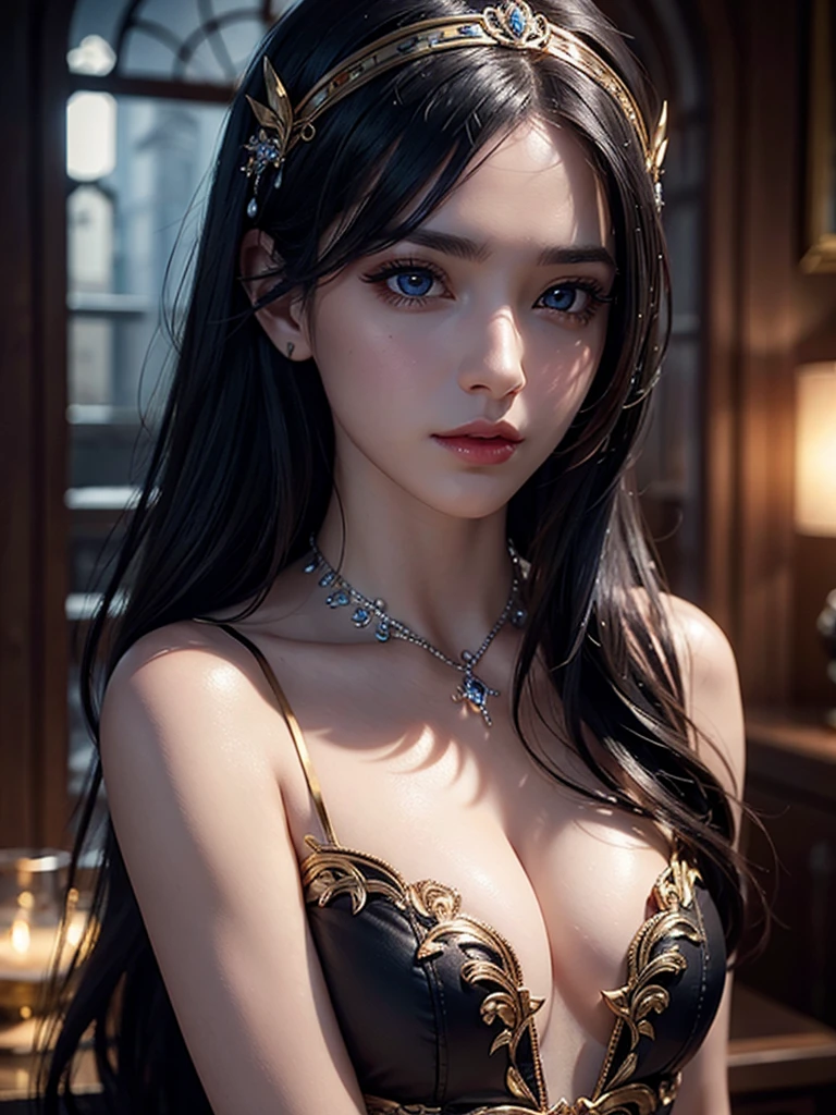 A mysterious beautiful woman, cleavage, small breasts, detailed face, beautiful eyes, detailed lips, long eyelashes,  cinematic lighting, dramatic shadows, highly detailed, 8k, ultra-detailed, hyper-realistic, photorealistic, masterpiece, digital art, fantasy, intricate details