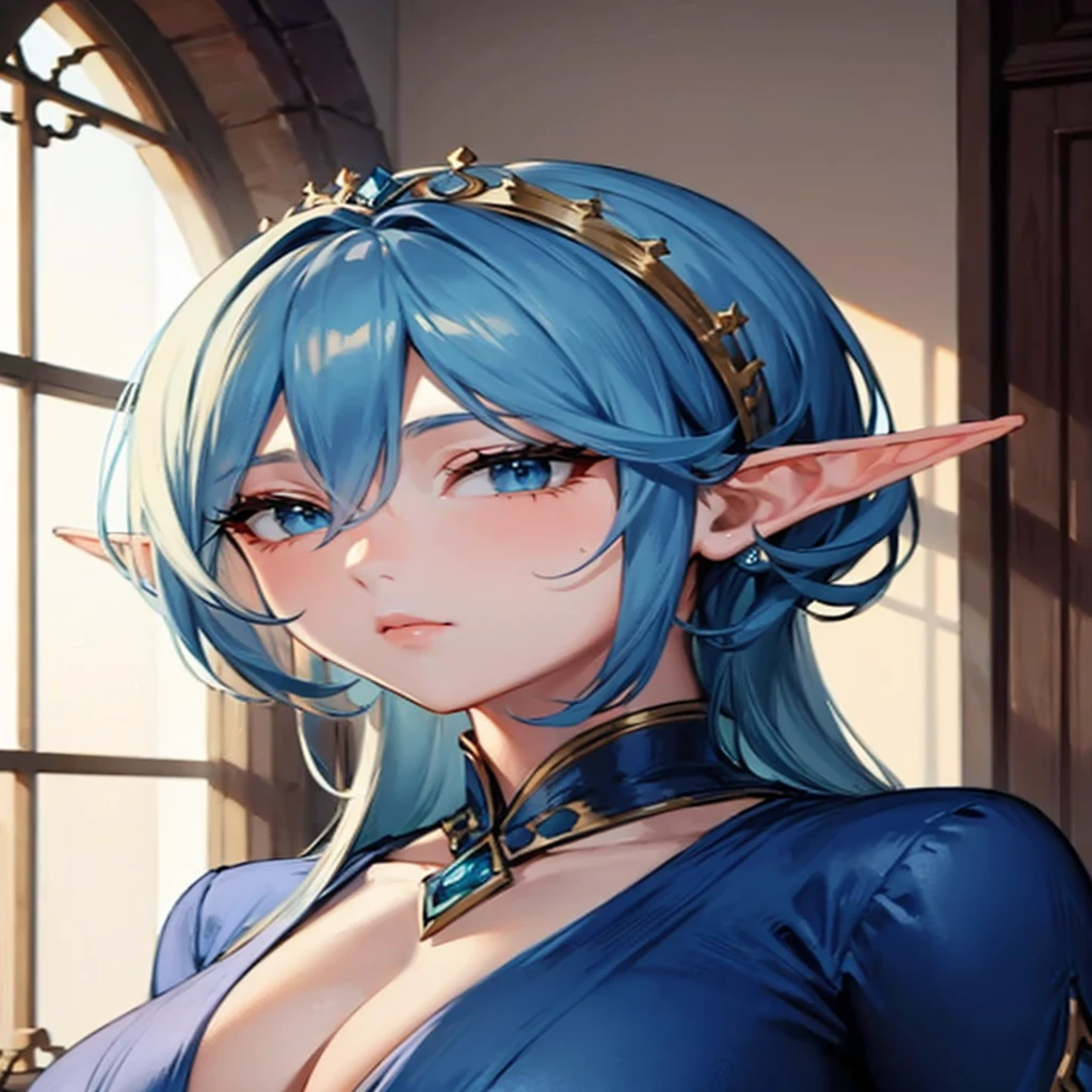 masterpiece, beautiful face, Royal advisor, blue noble dress, long light blue hair, elf, beautiful, big