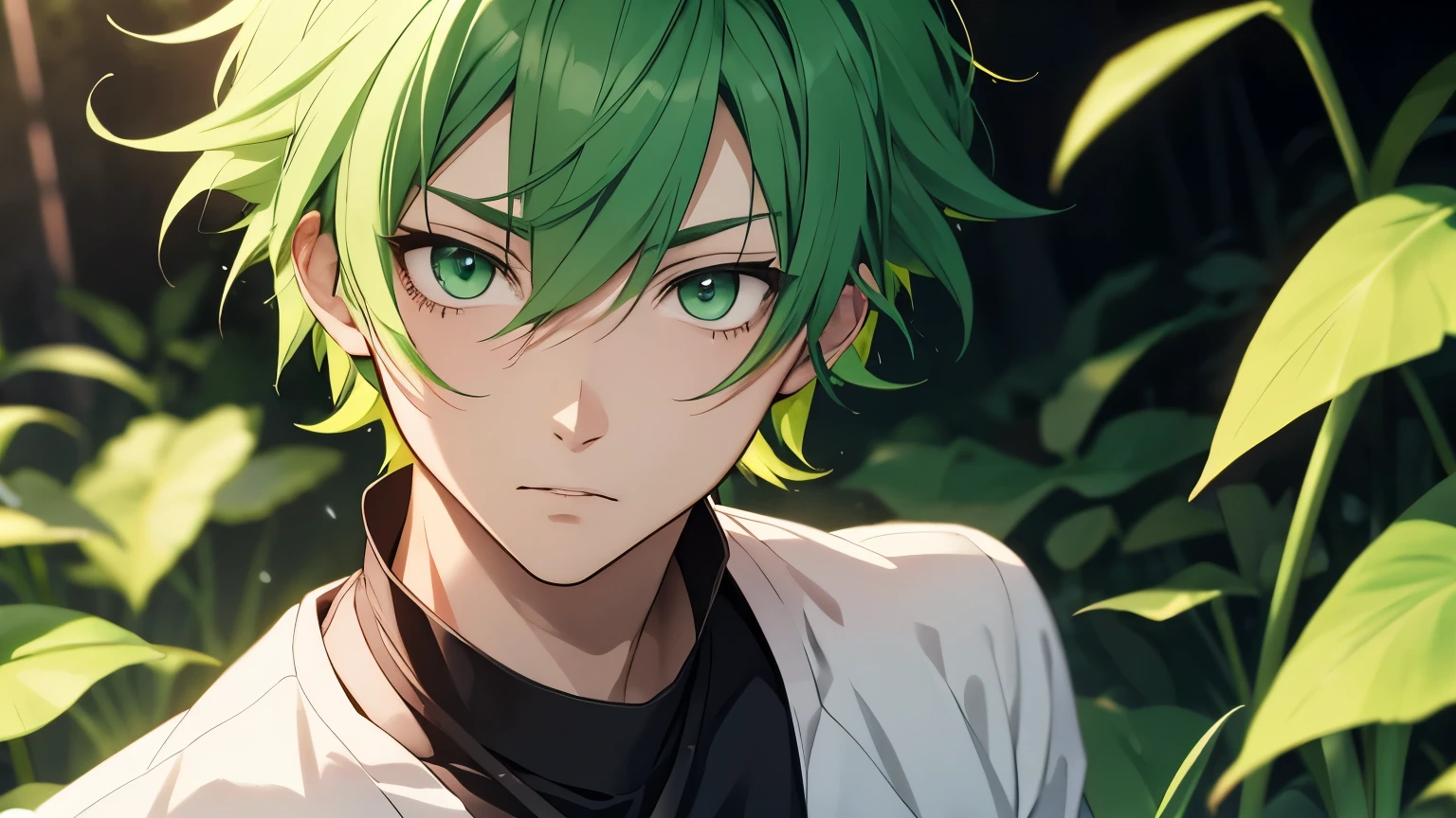Anime guy with short green hair and green eyes