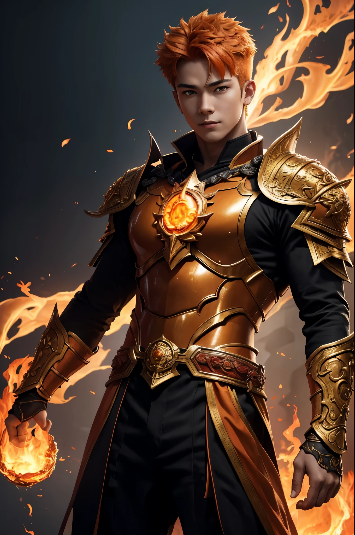 8K,A very young boy, the God of Fire, clothed in the energy of a 16-year-old.,Super handsome(Like the real thing),He looks at the audience with a fearless smile.,Orange Hair,Orange Flame Armor(Fire God Crest),Orange Flame Gauntlet(Fire God Crest),Orange Flame Leg Guards(Fire God Crest),Dark and desolate land,Photorealistic RAW photos of the highest quality。Bright colors,Rich colors, Backlight, Cinema Lighting, Film Grain, 50mm lens, Nikon D850,Realistic Skin,Fantasy art,Character Art,Ultra-high resolution,Realistic Skin,Extremely strong and defined abs,bulging muscles,A 16-year-old boy who is the god of fire,Golden Eyes,Black Flame God Outfit(Orange flame emblem filigree),
