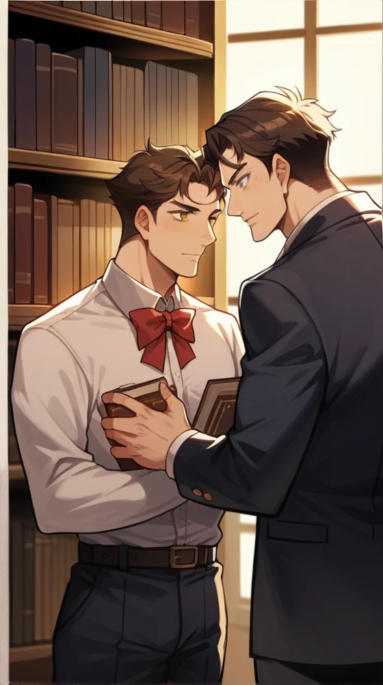 “Create a book cover featuring Hazel Hartmann and Ethan Beauchard. Hazel is a 17-year-old girl with long chocolate brown hair and almond-shaped amber eyes., wearing a classic and elegant school uniform. Ethan is an 18 year old young man, Cao Cao, with dark hair and striking green eyes, also wearing a fancy . Place them close to each other, with a visible tension between them, suggesting an intense connection. Ao fundo, include a full bookshelf, reflecting the academic and sophisticated environment. The design should capture the dynamics between the characters and the atmosphere of the story.”