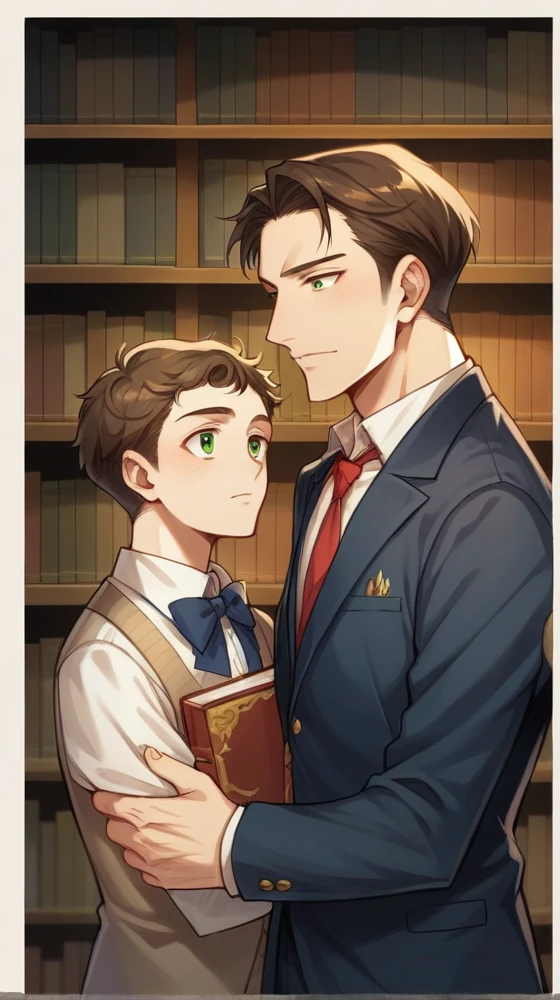 “Create a book cover featuring Hazel Hartmann and Ethan Beauchard. Hazel is a 17-year-old girl with long chocolate brown hair and almond-shaped amber eyes., wearing a classic and elegant school uniform. Ethan is an 18 year old young man, Cao Cao, with dark hair and striking green eyes, also wearing a fancy . Place them close to each other, with a visible tension between them, suggesting an intense connection. Ao fundo, include a full bookshelf, reflecting the academic and sophisticated environment. The design should capture the dynamics between the characters and the atmosphere of the story.”