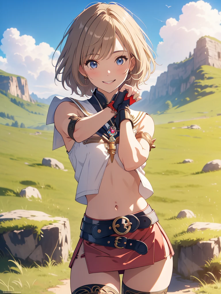 masterpiece, best quality, absurdres, perfect anatomy, 1girl, solo, Ashelia, short hair, AsheliaOutfit, miniskirt, thighhighs, jewelry, belt, standing, cowboy shot, smile, dynamic pose, dynamic angle, outdoors, plains, hills, (fashion model pose)