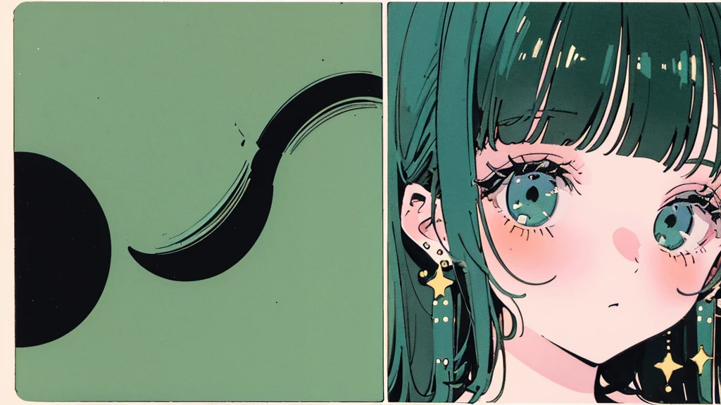(Highest quality:0.8)、(Highest quality:0.8)、Super detailed、Analog illustration、Koto Tsumi \(style\)、masterpiece、Highest quality、Close-up portrait of a woman、1990、Comic Strip、Art illustration、Retro Pop、Long black hair、Long eyelashes、Green Dress、Emerald Earrings、Strolling in the starry garden