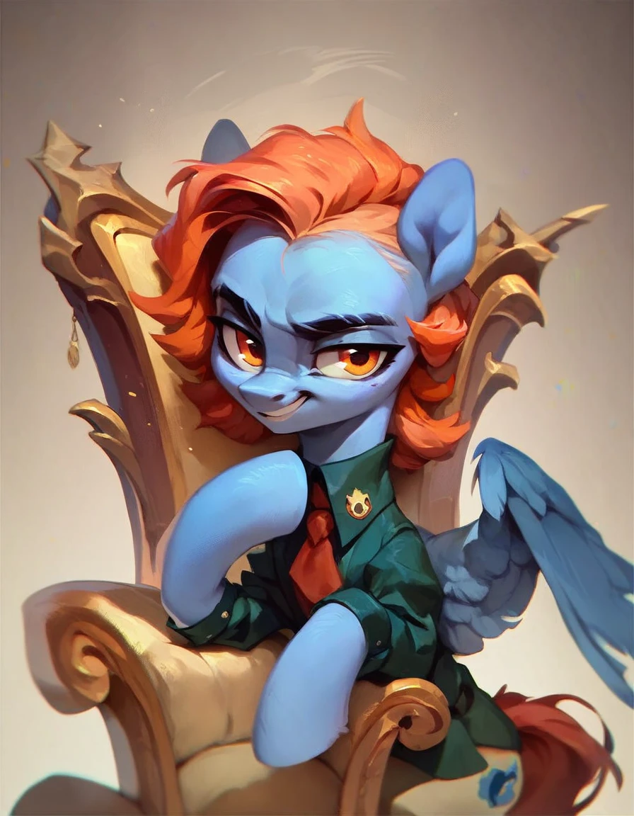 pony sits in a chair, hoof thrown back on the hoof, smile