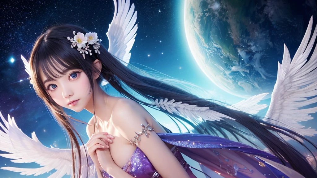 1920×1080、Photogenic reality、heaven、Wrapped in the dazzling light of the sky、眩Shiiほどの黄金色の光が降り注ぐ、god々Shii、Fantasy、Spreading its large wings、cute、Beauty、Adult female、Big Eyes、一人の美Shii天使の全身の画像を作ってください