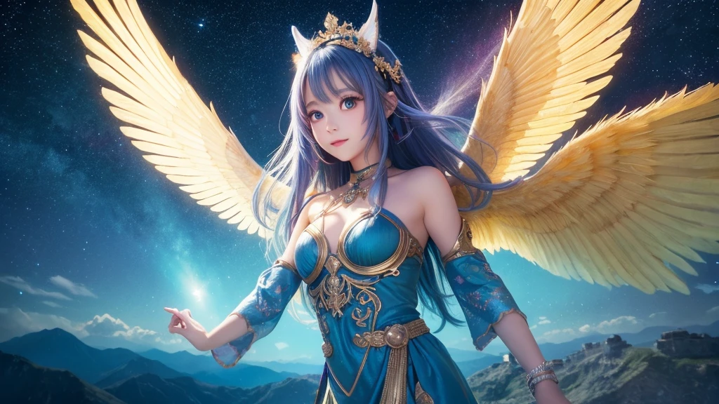 **Prompt:** Create an ultra-realistic depiction of a fantasy-themed Tengu, emphasizing its mystical and otherworldly qualities while retaining its iconic features. **Overall Appearance:** The Tengu stands tall and majestic, embodying the essence of a mythical guardian of the mountains. **Head:** Its hawk-like face is sharp and dignified, with a long, pronounced beak that glimmers with an ethereal light. The eyes are piercing, glowing with a deep, mystical blue, conveying wisdom and ancient knowledge. The feathers on its head are sleek and perfectly arranged, with a crown of golden plumage that radiates a soft, heavenly glow. **Body:** The Tengu's muscular form is both powerful and graceful, covered in pristine, shimmering feathers that shift colors depending on the light, from deep midnight blues to bright, celestial whites. The skin underneath is a smooth, cool silver, adding to its otherworldly appearance. **Wings:** The large wings are grand and immaculate, with each feather carefully detailed, giving off a soft, luminescent glow. The wings seem to hum with ancient power, and when extended, they create an awe-inspiring silhouette. **Arms and Claws:** The Tengu’s arms are strong and agile, with hands ending in elegantly curved talons that are both beautiful and formidable. **Legs:** Its bird-like legs are sturdy and covered in intricate, golden scales that catch the light, with talons that are sharp yet appear almost jewel-like. **Attire:** The Tengu wears ornate, ceremonial robes adorned with intricate patterns of mythical creatures and celestial symbols. The robes are woven from fine, enchanted silks that shimmer with magical energy. The attire includes a belt of gold and silver threads, securing a ceremonial sword at its side, the blade glowing with a faint, mystical aura. **Background:** The setting is a serene, mystical mountain temple at dawn, with cherry blossoms gently falling around. The sky is tinged with pink and gold, and the air is filled with the sou