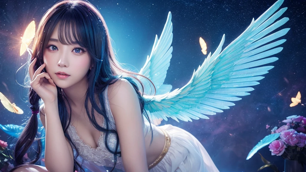 1920×1080、Photogenic reality、heaven、Wrapped in the dazzling light of the sky、眩Shiiほどの黄金色の光が降り注ぐ、god々Shii、Fantasy、Spreading its large wings、cute、Beauty、Adult female、Big Eyes、一人の美Shii天使の全身の画像を作ってください