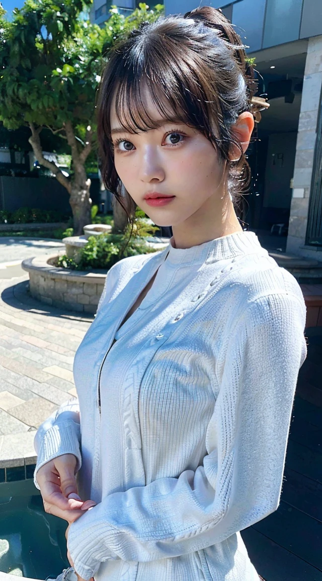 (Ultra-realistic), (High resolution), (8K), (Beautiful detailed eyes), (Highest quality), (Super detailed), (masterpiece), (Detail face),1girl, Best quality, Realistic, 独奏, Depth of field, Natural light, Daytime, Attractive, Beautiful face, Clean, Pure face, Pale skin, Cute, Short hair, Beach, Sunshine,Flat breasts, Small breasts,Naked, Full body, (sweater, undressing, beautiful face)),pool、ponytail、front、small bust、minimal chest
