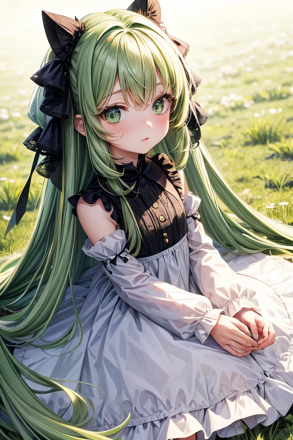 Long green hair，green eyes，loli， girl，dress