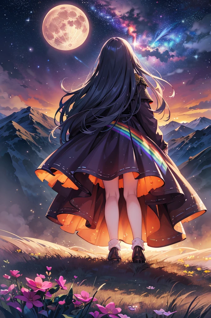 Vast landscape photography , A view from below, with the sky above and the wide fields below, A girl with silver long hair standing in a flower field looking up, (full moon:1.2), ( shooting star:0.9), (nebula:1.3), Distant Mountain, Treebreak Production Art, (Warm light source:1.2), lamp, Lots of purple and orange, Intricate details, Volumetric lighting, realism (masterpiece:1.2), (Highest quality), 4K, Super detailed, (Dynamic configuration:1.4), Very detailed, Colorful details,( Rainbow-colored:1.2), (Shining Lights, Atmospheric lighting), dream-like, (alone:1.2)