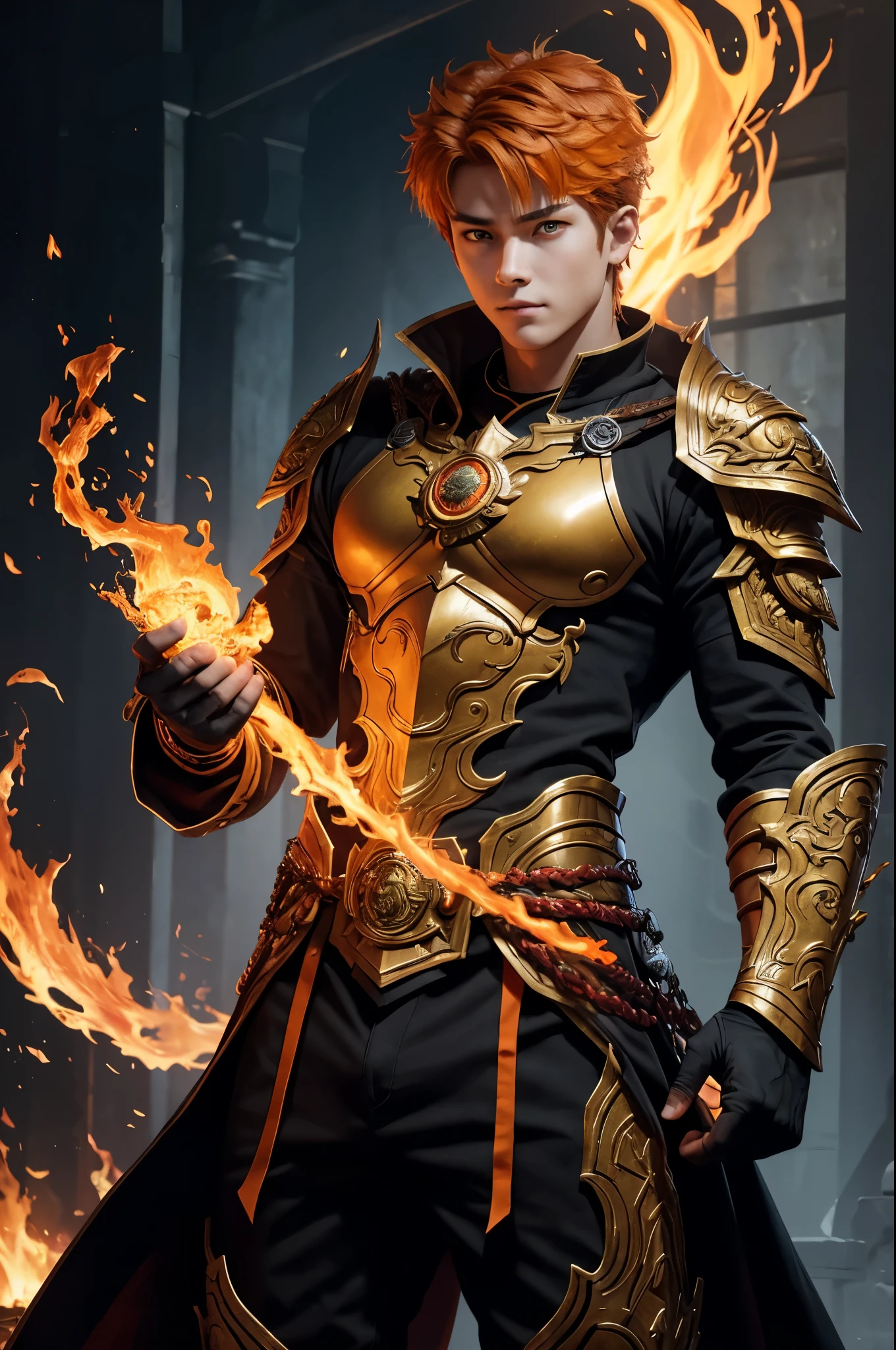 8K,A very  boy, the God of Fire, clothed in the energy of a 16-ye-oluper dsome(Like the real thing),He looks at the audience with a fearless smile.,Orange Hair,Orange Flame Armor(Fire God Crest),Orange Flame Gauntlet(Fire God Crest),Orange Flame Leg Guards(Fire God Crest),Dark and desolate land,Photorealistic RAW photos of the highest quality。Bright colors,Rich colors, Backlight, Cinema Lighting, Film Grain, 50mm lens, Nikon D850,Realistic Skin,Fantasy art,Character Art,Ultra-high resolution,Realistic Skin,Extremely strong and defined abs,bulging muscles,A 16-year-old bowhothe gof fire,Golden Eyes,Black Flame God Outfit(Orange flame emblem filigree),