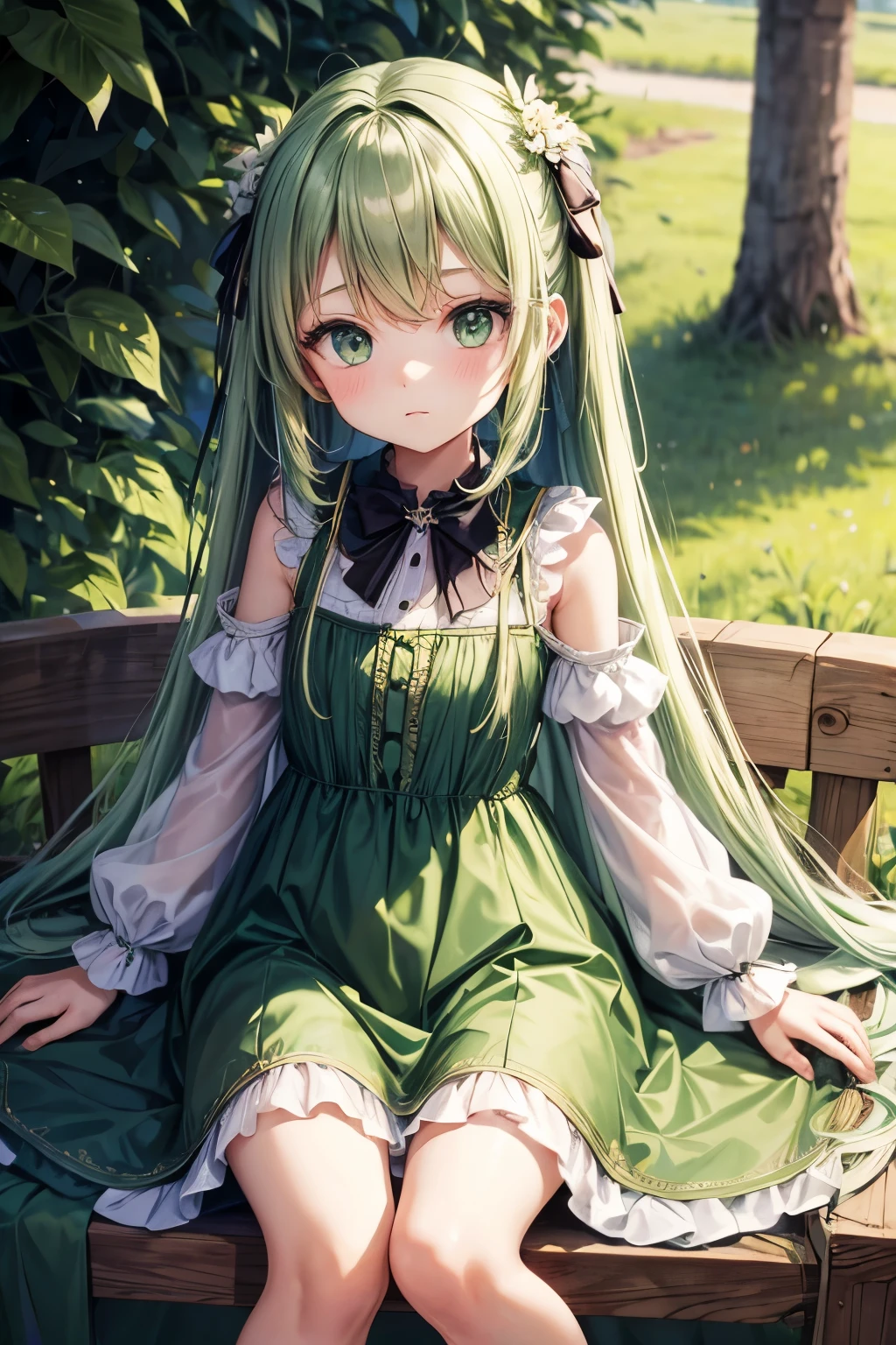 Long green hair,green eyes,loli,little girl,dress