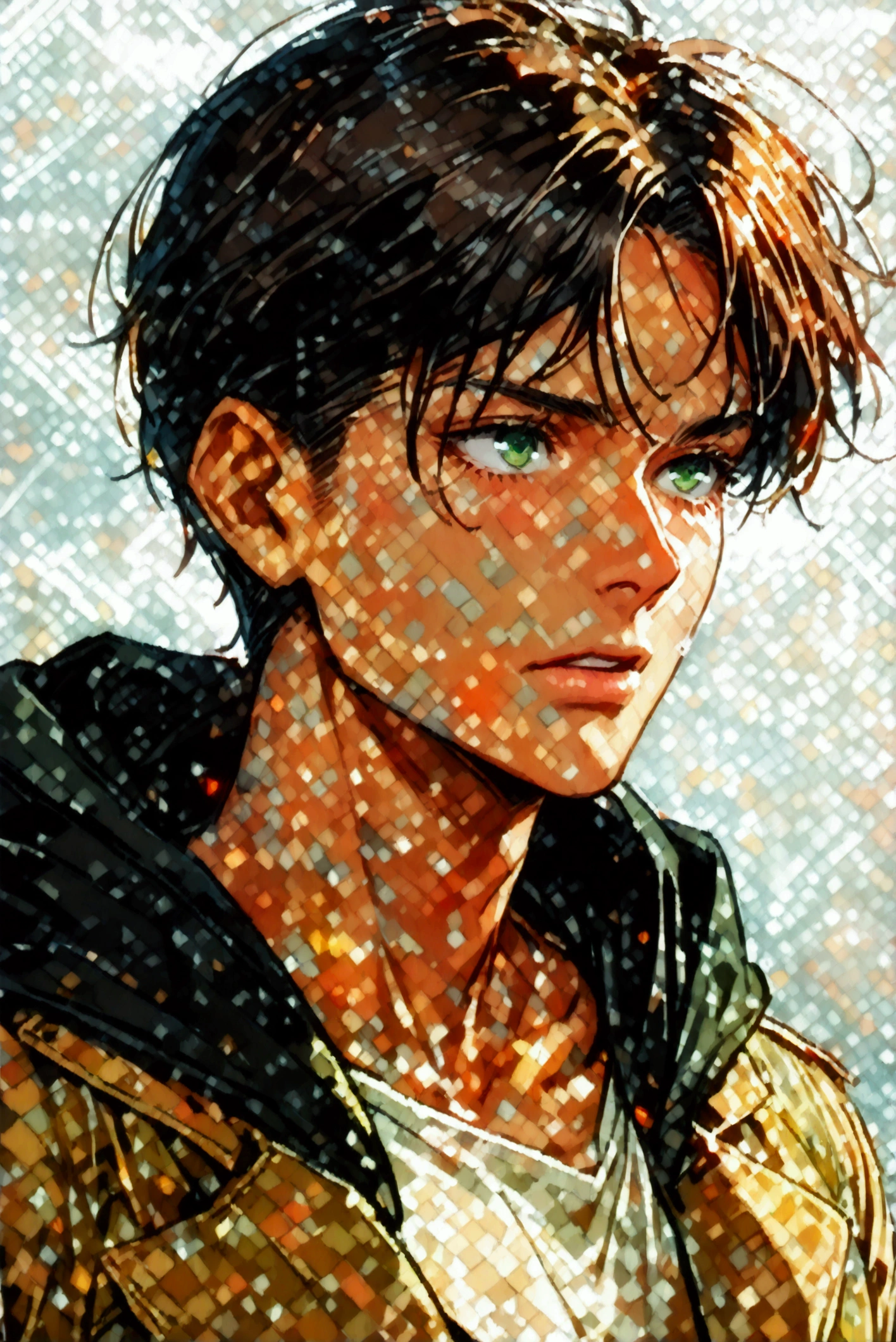 Brown Long Hairstyle、Handsome man in his 20s（1 male,Ellen Yeager）Green Eyes,Attack on Titan,Expressionless,（He is wearing a beige T-shirt、On top of that he wears a long black hoodie.）,(masterpiece:1.3),(Highest quality:1.4),(Very detailedな:1.5),High resolution,Very detailed,unity 8k wallpaper,Decadent,Wind,Achieve smooth design
