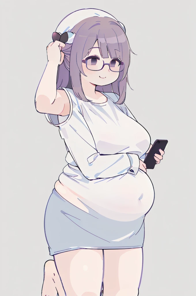 A woman wearing a short skirt is holding a cell phone, Tsk tsk, She has a jiggly, fat, round belly, , brother, big tummy, her belly is fat and round, Fat Chan, thick body, Tsk tsk build, (SFW) safe for work, brother proportions, Short full-length portrait!,,(big bust:1.5), (Black eyes with a slight purple tint:1.5), (Very white and long hair with a bluish tint, weak perm:1.5), (white sleeves wrapped around arms, oversized white shirt, oversized white shirt:1.5), (bare foot, round-rimmed glasses:1.5), (Belly Fat, muffin top, plump:1.5), (smiling faintly:1.5),