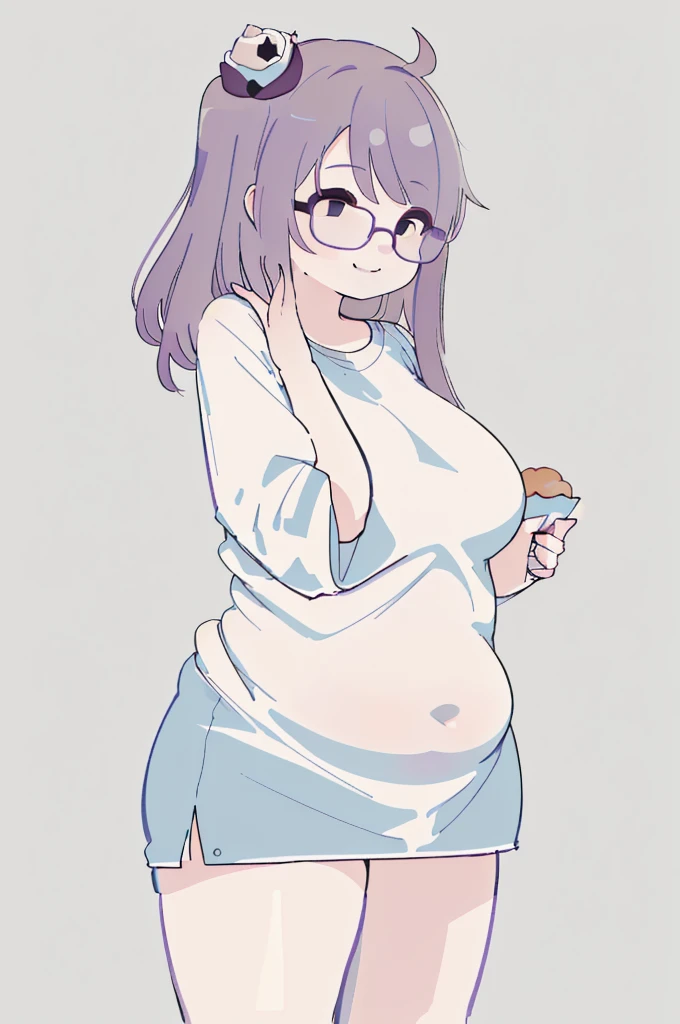 A woman wearing a short skirt is holding a cell phone, Tsk tsk, She has a jiggly, fat, round belly, , brother, big tummy, her belly is fat and round, Fat Chan, thick body, Tsk tsk build, (SFW) safe for work, brother proportions, Short full-length portrait!,,(big bust:1.5), (Black eyes with a slight purple tint:1.5), (Very white and long hair with a bluish tint, weak perm:1.5), (white sleeves wrapped around arms, oversized white shirt, oversized white shirt:1.5), (bare foot, round-rimmed glasses:1.5), (Belly Fat, muffin top, plump:1.5), (smiling faintly:1.5),